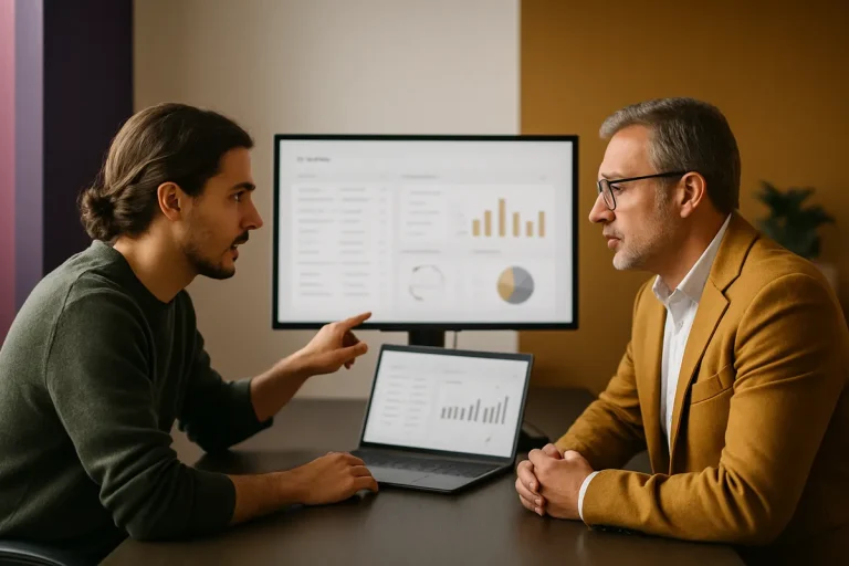 Programador e empresário a analisar uma aplicação web e CRM desenvolvidos pela Kyra Digital