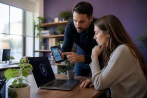 Técnico da Kyra Digital a configurar a autenticação de dois fatores no telemóvel de uma colaboradora