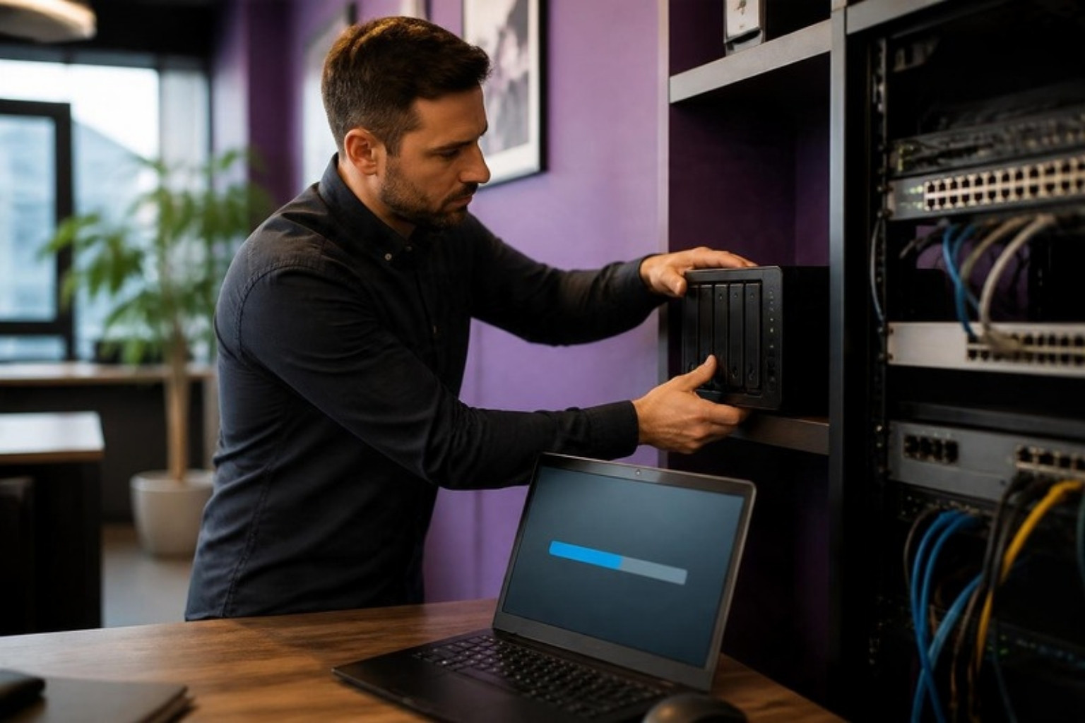 Técnico da Kyra Digital a instalar um NAS para cópias de segurança junto ao bastidor de rede