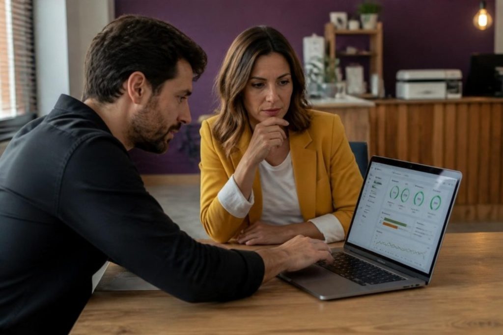 Consultor da Kyra Digital a rever com uma empresária o relatório de desempenho e SEO técnico do website