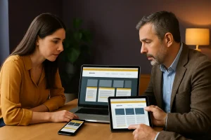 Web designer e empresário a rever um website responsivo criado pela Kyra Digital em computador, tablet e telemóvel