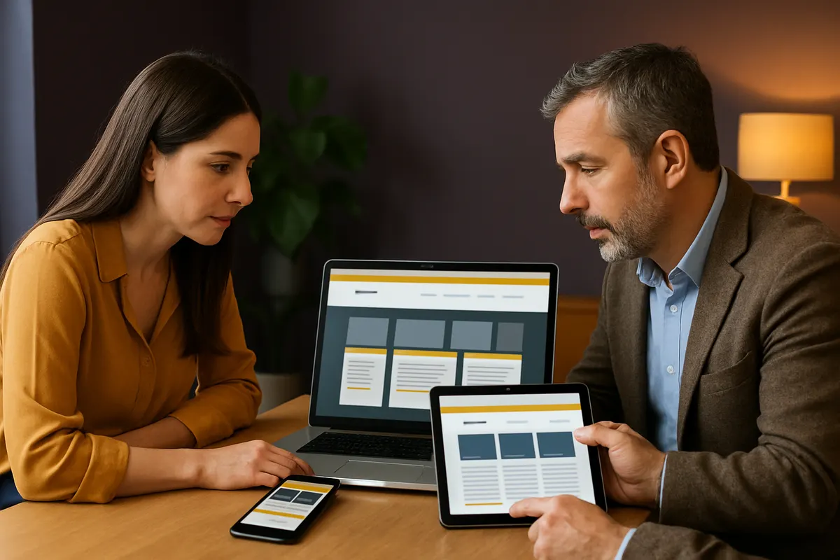 Web designer e empresário a rever um website responsivo criado pela Kyra Digital em computador, tablet e telemóvel