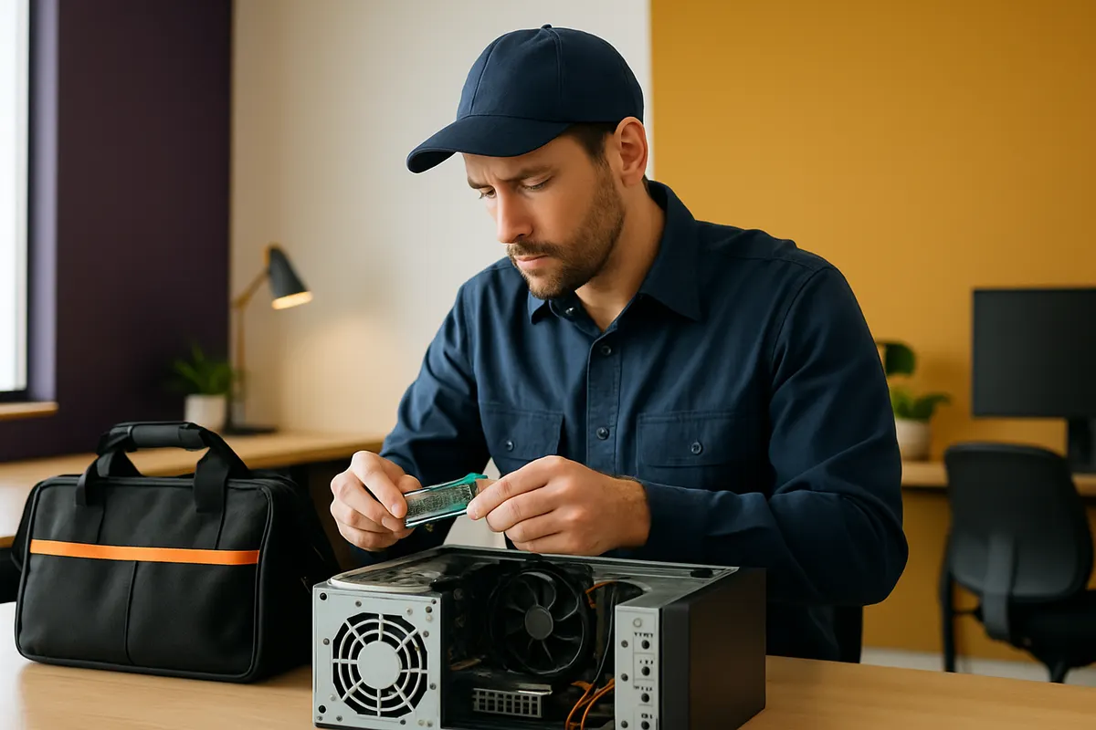 Técnico de field support da Kyra Digital a substituir um componente num computador no escritório de um cliente