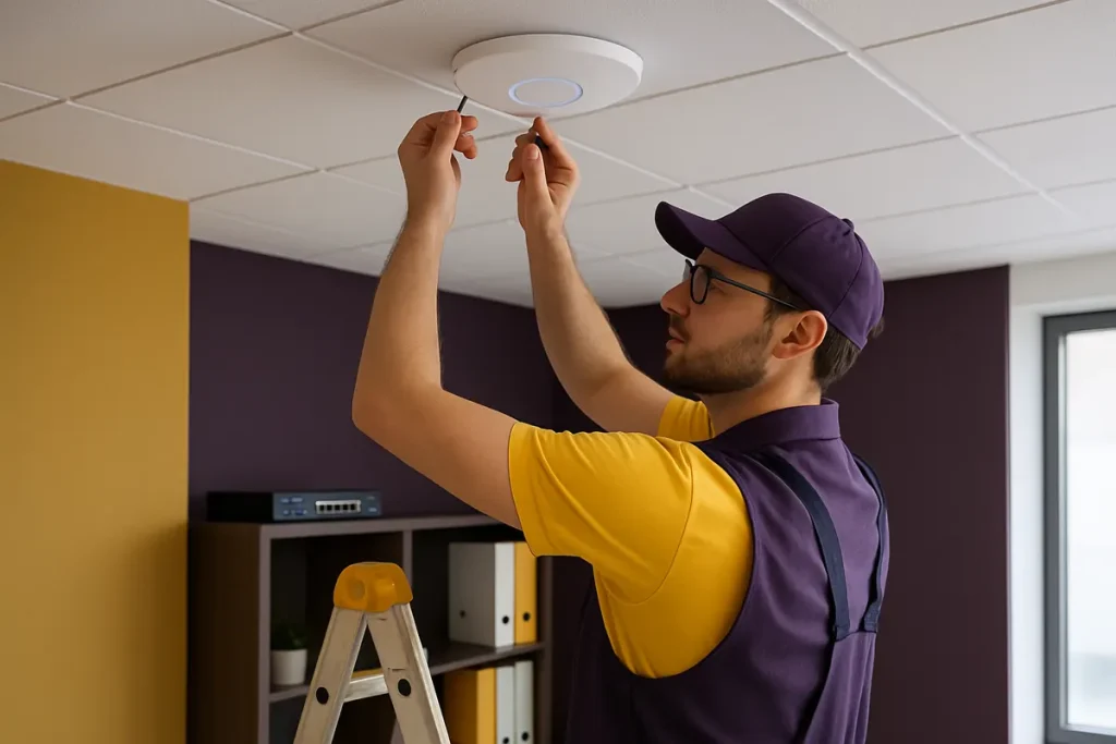 Técnico da Kyra Digital a instalar um access point de Wi-Fi empresarial no teto de um escritório