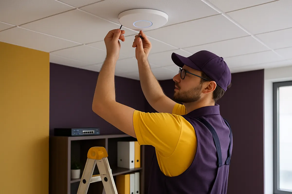 Técnico da Kyra Digital a instalar um access point de Wi-Fi empresarial no teto de um escritório